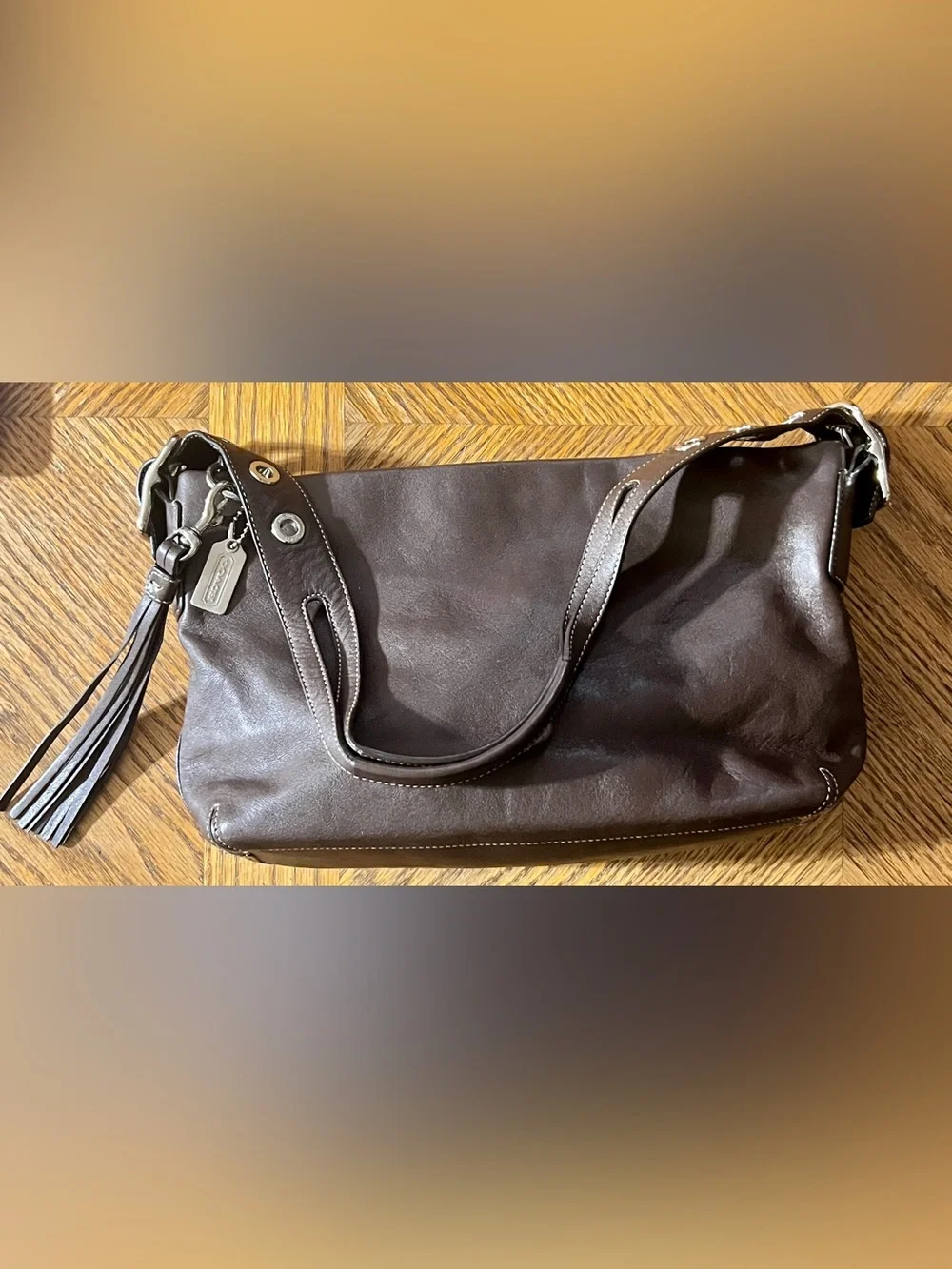 Coach Dark Brown Leather Shoulder Bag with Tassel